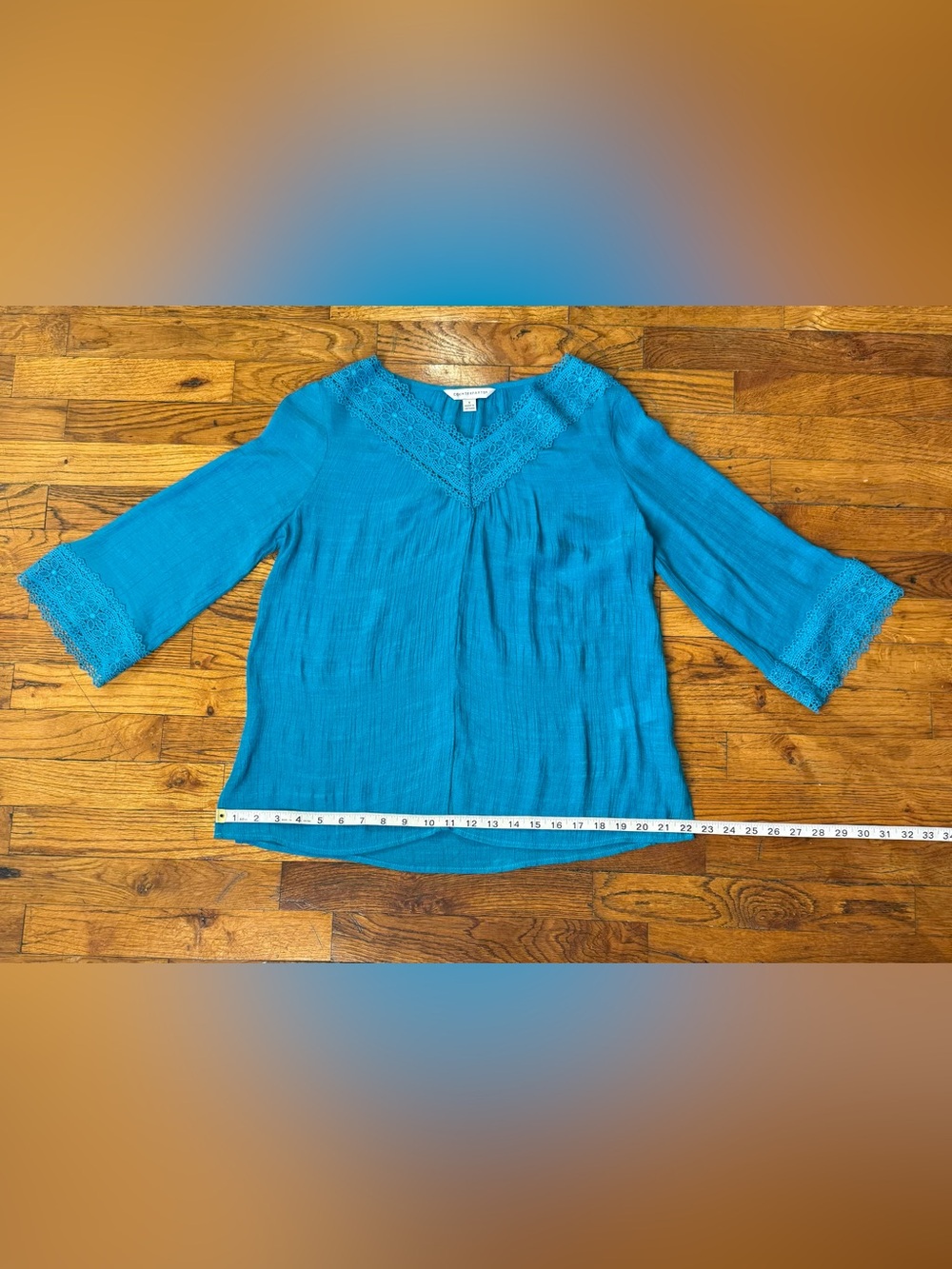 Counterparts Teal Boho Peasant Blouse Lace Trim V-Neck 3/4 Bell Sleeve - Size S - Picture 13 of 16